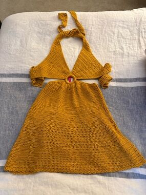 Beginning Boutique Mustard Yellow Crochet Halter Dress